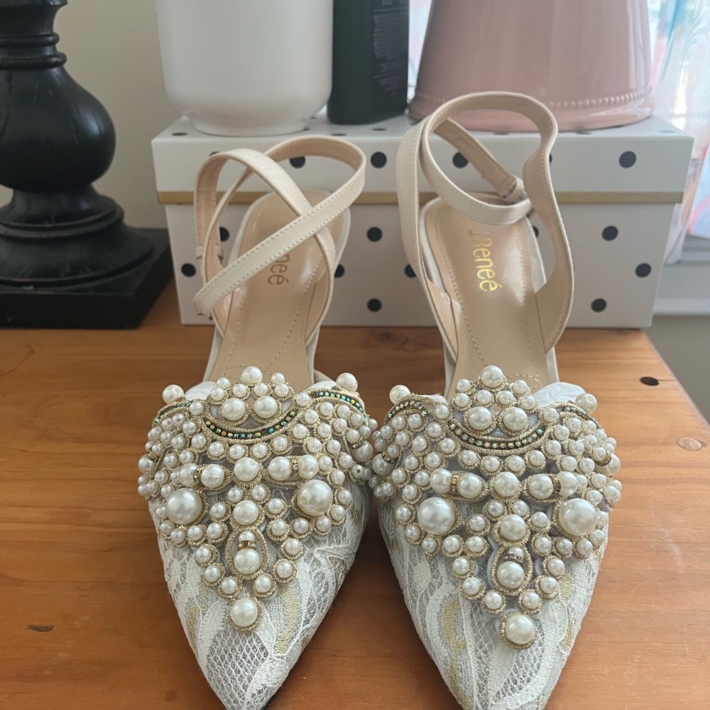 J.Renee Desdemona Ivory White Lace Heels with Pearl Embellishments